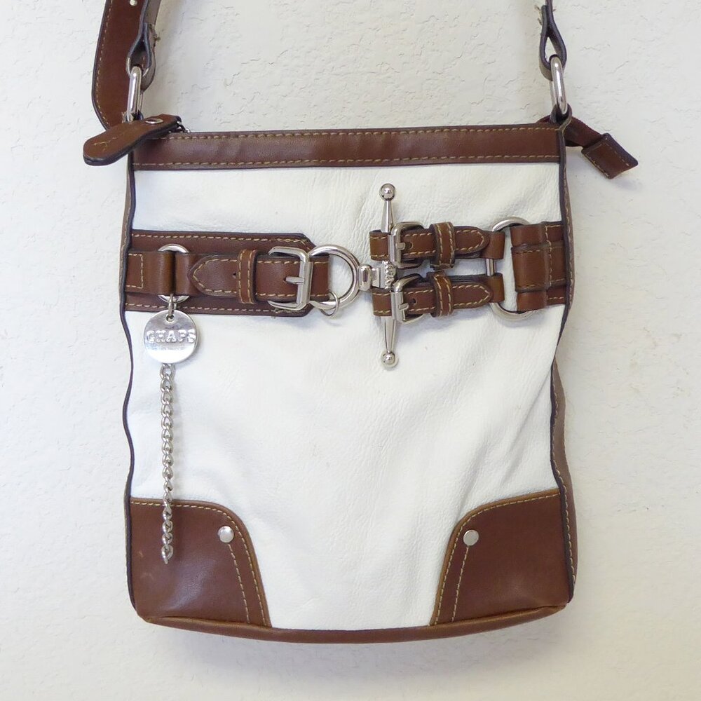Chaps by Ralph Lauren faux leather brown white horsebit buckle crossbody bag